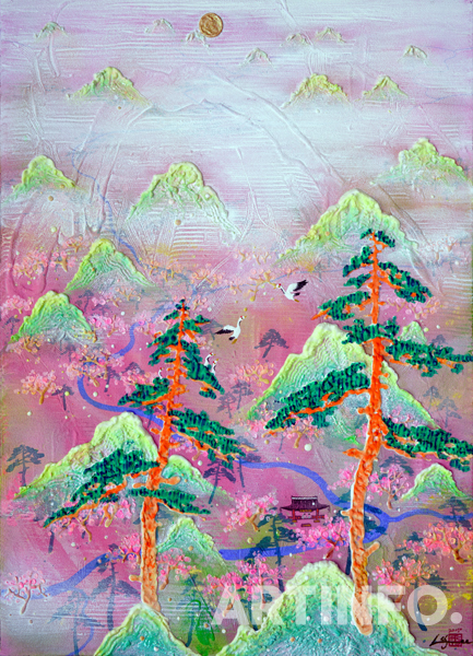 이철수, '우리강산-꽃과 학은 노래하고'. 90.9×65.1cm , 캔바스위에 수묵. 채색. 석분, 2017.