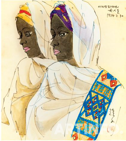 천경자,'이디오피아의 여인들',26×23.5cm,종이에 채색, 1974.(사진=K옥션)