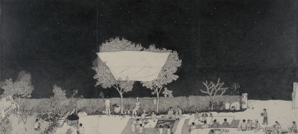 문성식, '별과 소쩍새 그리고 내 할머니'. 48.5 x 106 cm, Pencil on paper,2007.