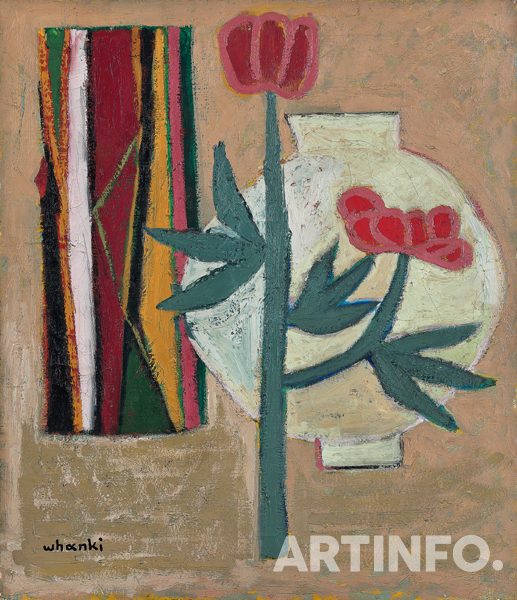 김환기, (Kim WhanKi, 金煥基), 'Peony, Old Tree and Jar'. oil on canvas, 52.8×45.3cm, 1950년대.(사진=서울옥션)